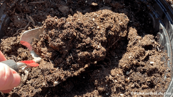 Red trowel scooping potting soil mixed with fertilizer for container gardens