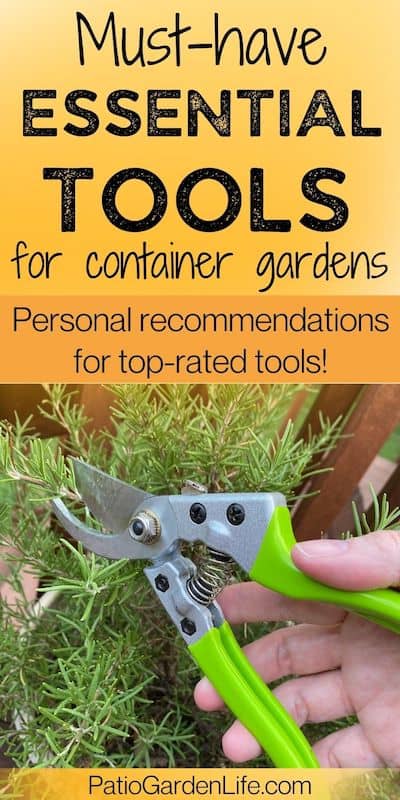 hand holding lime green shears cutting a rosemary plant with text must-have essential tools for container gardens - personal recommendations for top-rated tools!
