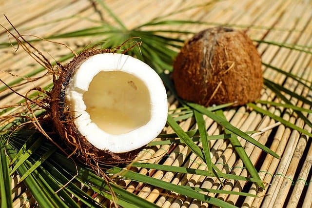 coconut cracked open with palm leaves on a table used for fertilizer