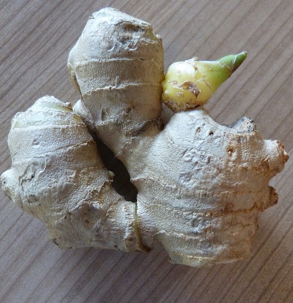 Light brown ginger rhizomes sit on a light brown wood surface